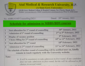 Himachal Pradesh MBBS BDS Round 1 Admission  Result Schedule 2021