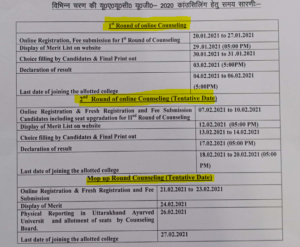 Uttrakhand AYUSH BAMS BHMS counselling schedule 2020