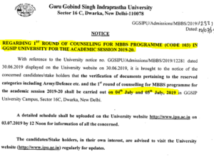 ipu 2019 mbbs R1 counselling notice