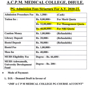 maharashtra A C P M pg medical fee 2020