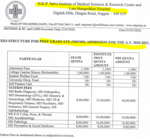 maharashtra N K P Salve pg medical fee 2020