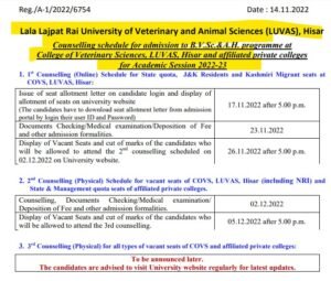Haryana Veterinary counselling schedule 2022