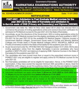 Karnataka PG medical admission Notification 2021