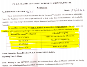 haryana MBBS document verification Schedule 2020