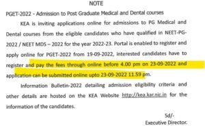 Karnataka PG medical admission counselling 2022 NOTIFICATION