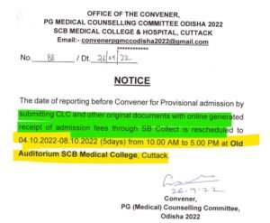 Odisha PG medical revised counselling schedule 2022