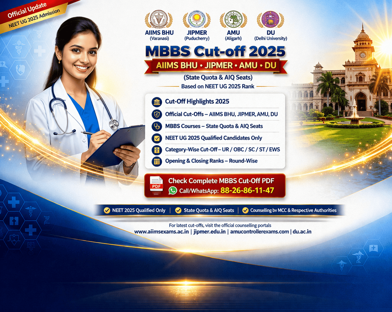 AIIMS BHU JIPMER AMU DU MBBS cut off 2025